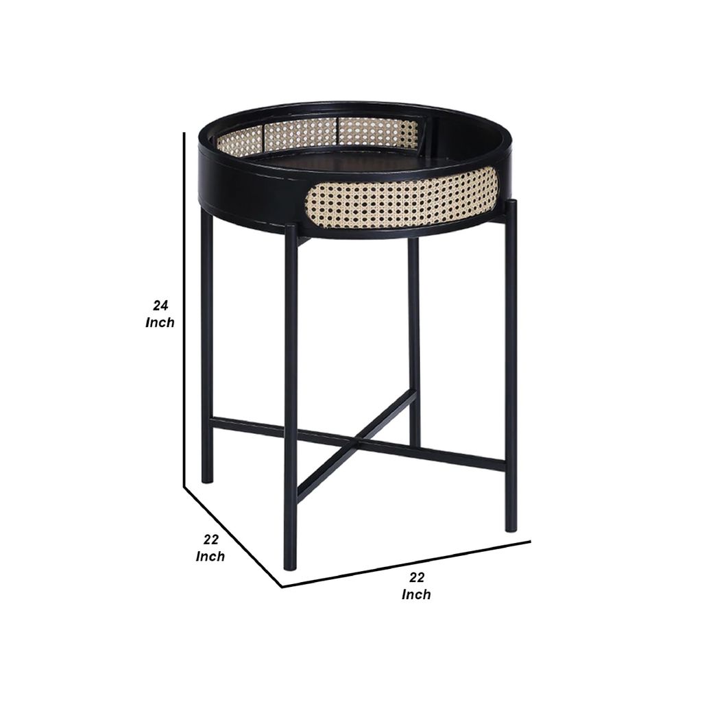 Bert 24 Inch Round End Table, Rattan Apron Accent, Metal Legs, Black - View 6