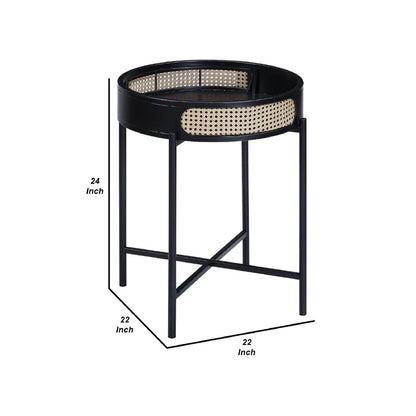 Bert 24 Inch Round End Table, Rattan Apron Accent, Metal Legs, Black - View 6