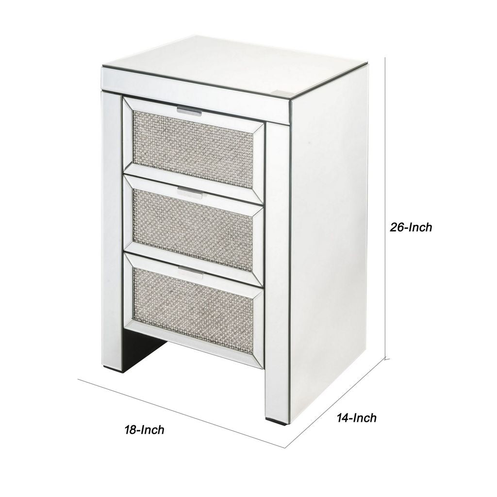 3 Drawer Beveled Mirrored Accent Table with Faux Diamond Inlay, Silver - View 5