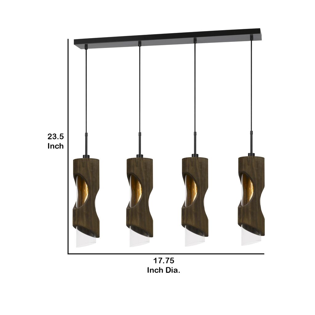4 Light Metal Frame Pendant Fixture with Wooden and Glass Shades, Brown - View 6