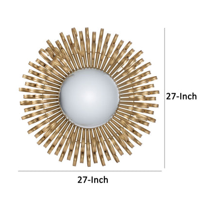 27 Inch Round Wall Mount Accent Decor Mirror, Sunburst, Iron Frame, Gold - View 5