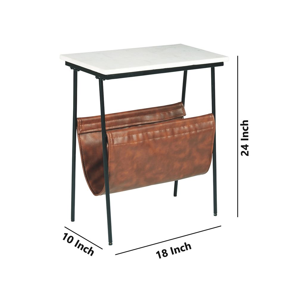 Marble Top Accent Table with Faux Leather Swing Holder, White and Brown - View 5