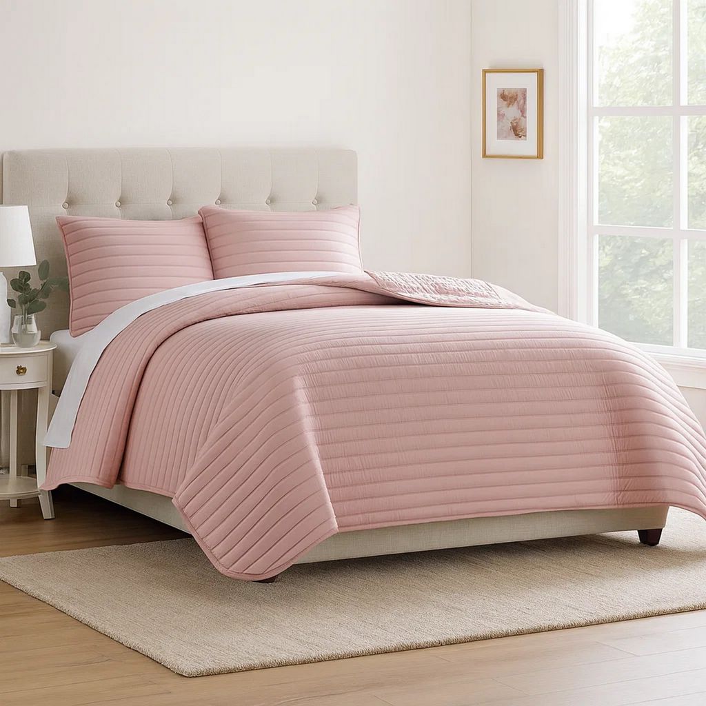 Cabe 3 Piece Queen Comforter Set, Polyester Puffer Channel Quilt, Rose Pink - View 7
