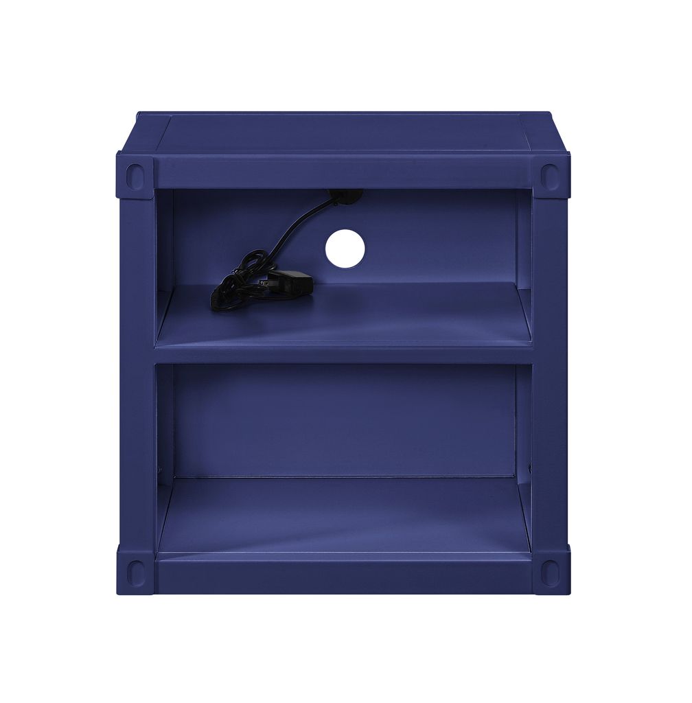 Metal Nightstand with 2 Open Compartment and USB Port, Blue - View 2