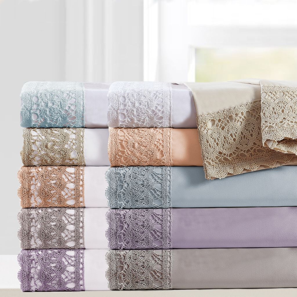 Udine 4 Piece Full Size Microfiber Sheet Set with Crochet Lace The Urban Port, Cream - View 2