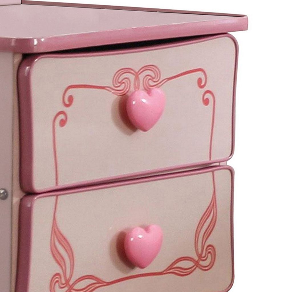 2 Drawer Wooden Nightstand with Heart Knob Pulls, Pink - View 3