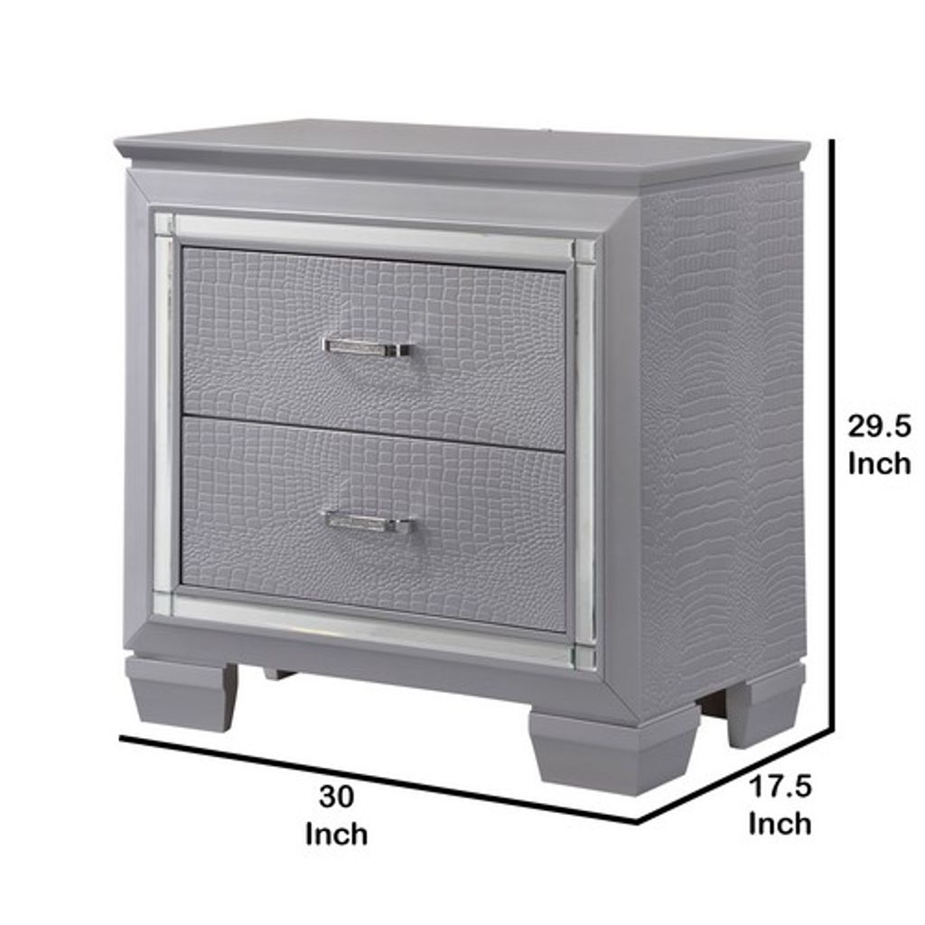 Two Drawer Wooden Nightstand with Textured Details and Mirror Accents, Gray - View 6