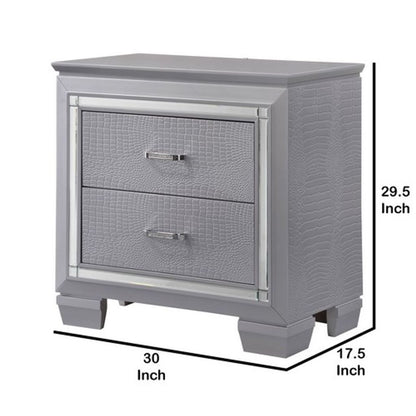 Two Drawer Wooden Nightstand with Textured Details and Mirror Accents, Gray - View 6