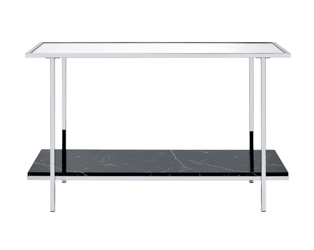 Console Table with Mirror Top and Faux Marble Open Bottom Shelf, Silver - View 3