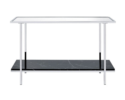 Console Table with Mirror Top and Faux Marble Open Bottom Shelf, Silver - View 3