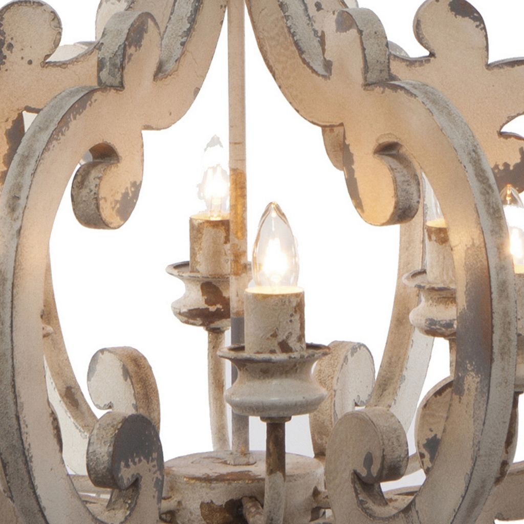 Aki 21 Inch 6 Light Chandelier, Carved Wood Frame, Classic, Vintage, White - View 3