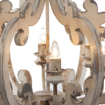 Aki 21 Inch 6 Light Chandelier, Carved Wood Frame, Classic, Vintage, White - View 3