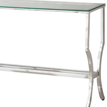 Glass Top Sofa Table with Metal Frame and Mirror Shelf, Chrome - View 3