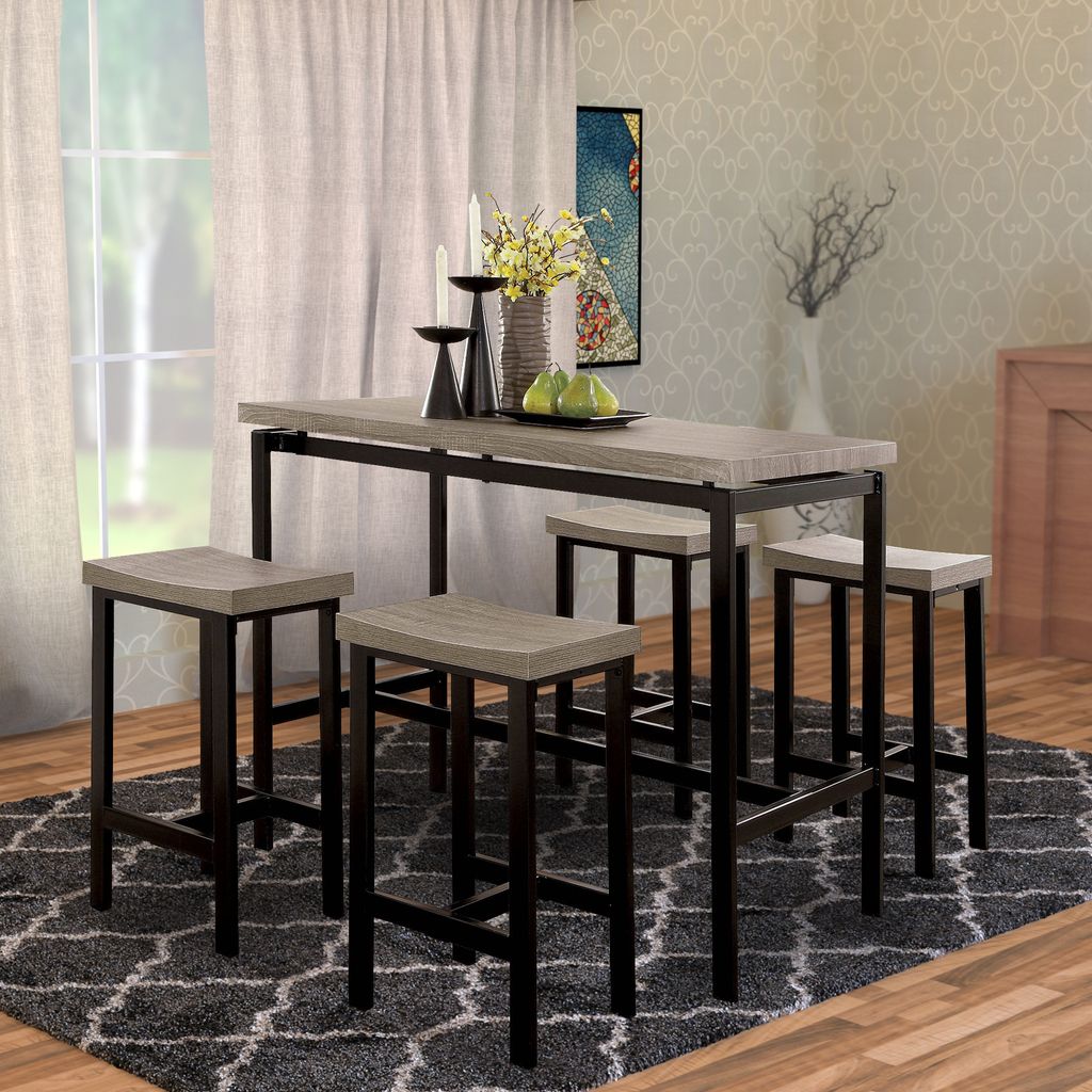 5 Piece Wooden Counter Height Table Set In Natural Brown And Black - View 5