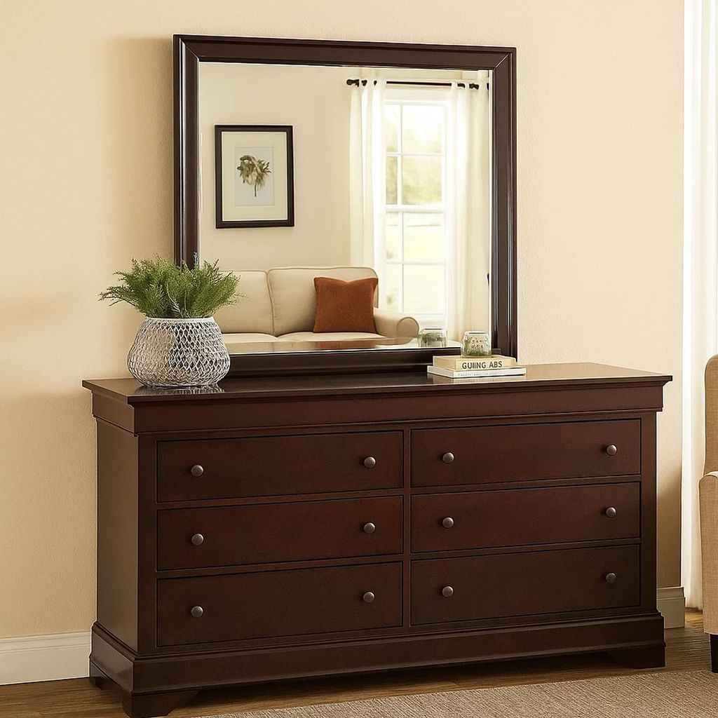 Square Molded Wooden Frame Dresser Mirror, Cherry Brown and Silver - View 7