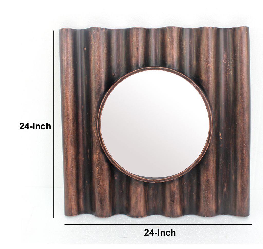 Traditional Style Wooden Round Mirror with Panpipe Style Frame , Brown - View 5