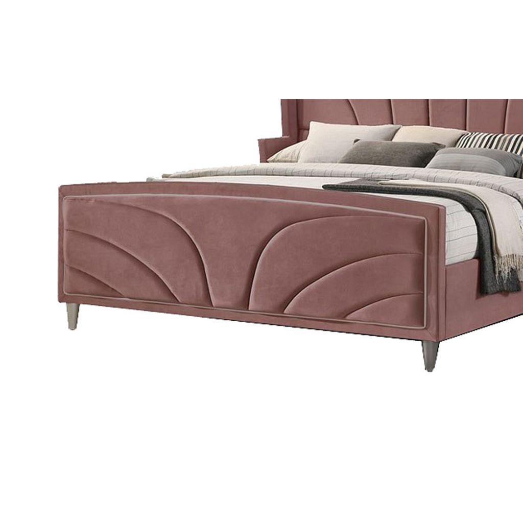 Kerith Modern Wood King Size Bed, Wingback Frame, Pink Velvet, Chrome Legs - View 5
