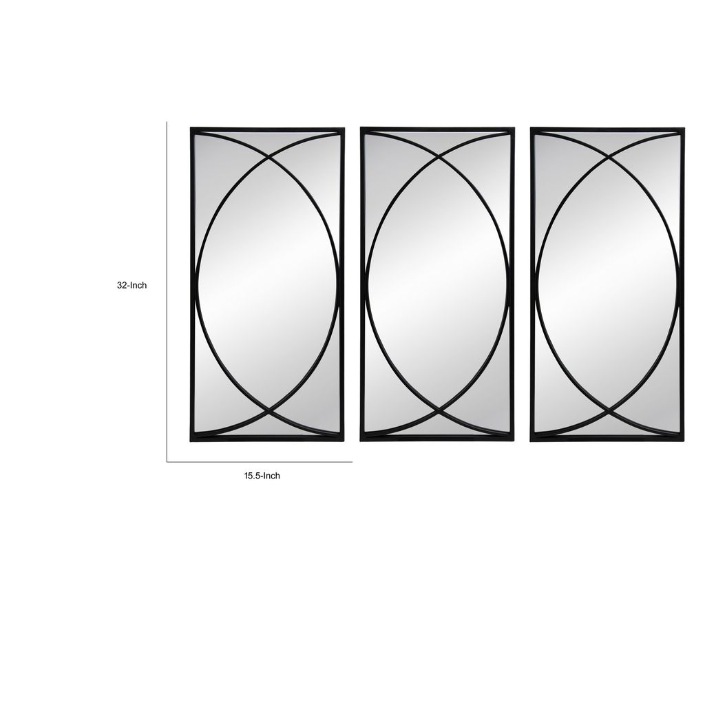32 Inch 3 Piece Wall Mirror, Concentric Circles, Stylish Black Metal Frame - View 5