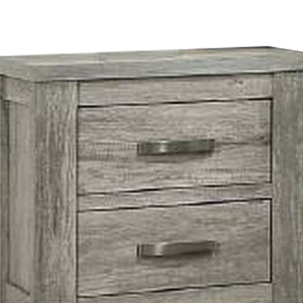 Wooden Nightstand with Two Drawers and Metal Bar Handles, Gray - View 2