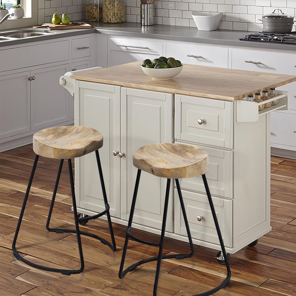 Ela 30 Inch Mango Wood Bar Stool, Saddle Seat, Iron Frame, Brown and Black - View 6