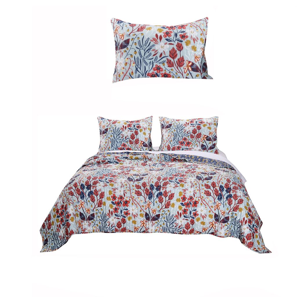 King Size 3 Piece Polyester Quilt Set with Floral Prints, Multicolor