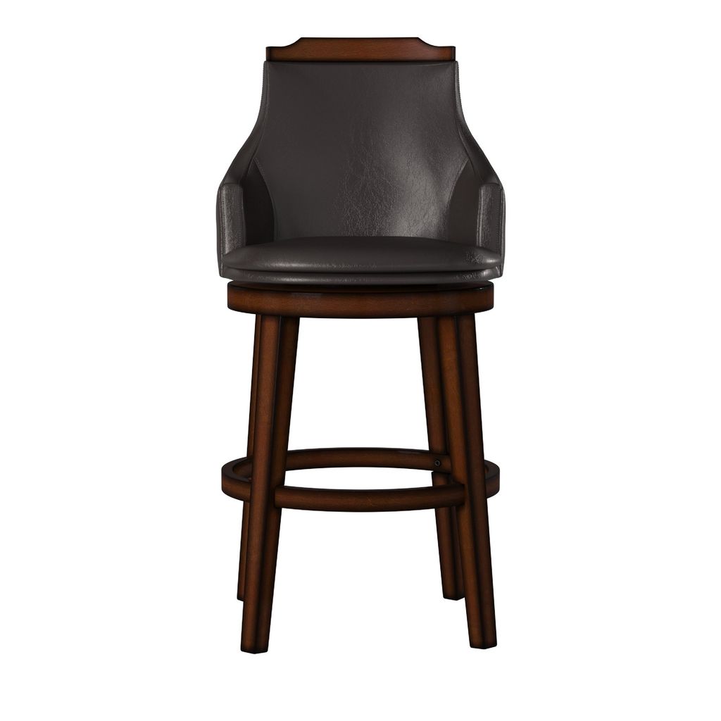 Bar Height Chair, Set of 2, Dark Brown Faux Leather, Wood Legs - View 3
