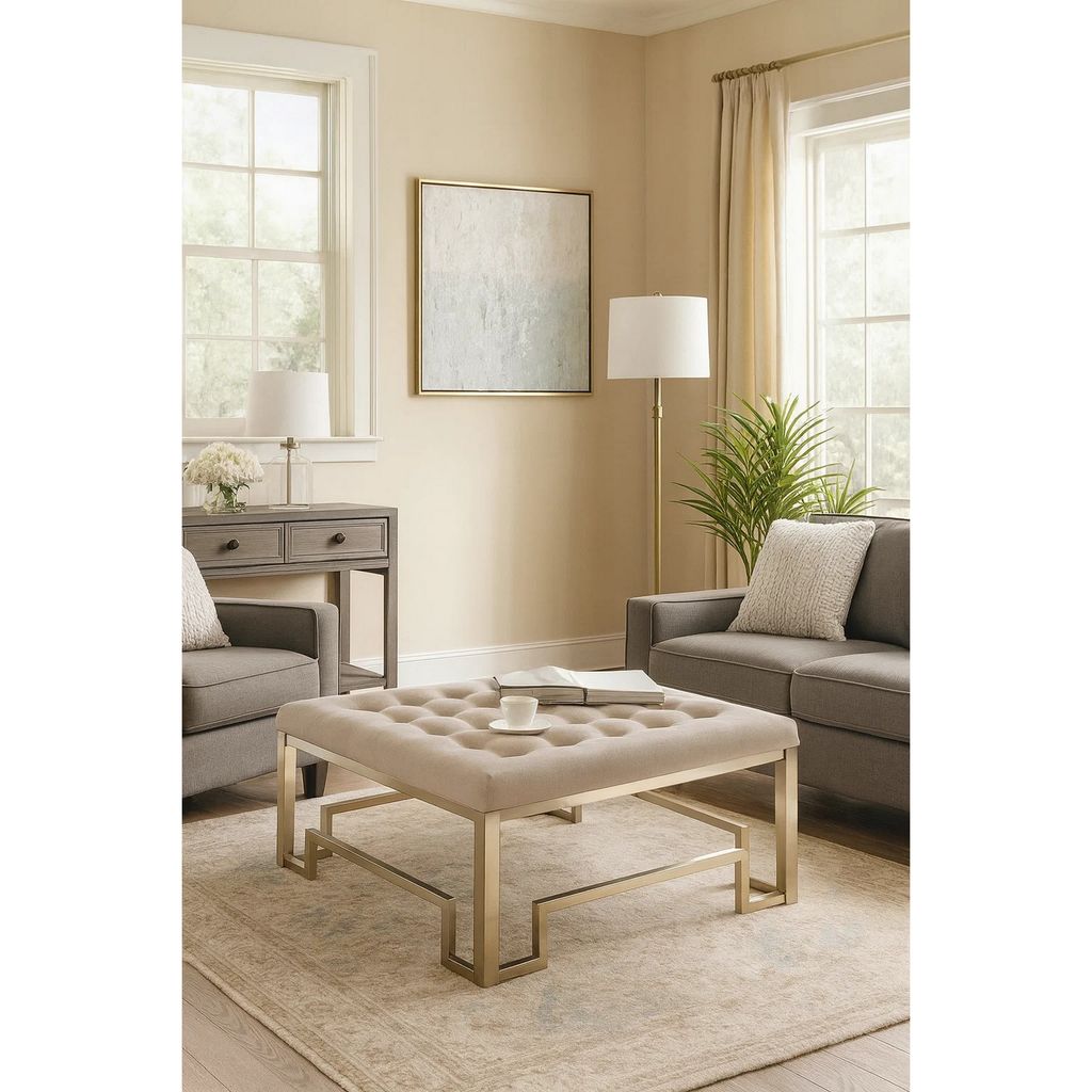 Modern Style Square Shaped Wood and Metal Cocktail Ottoman, Gold and Beige - View 7