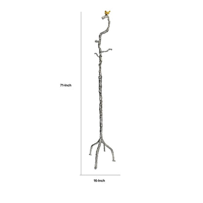 71 Inch Modern Aluminum Coat Stand, Branch Accent, Perched Bird, Silver - View 5