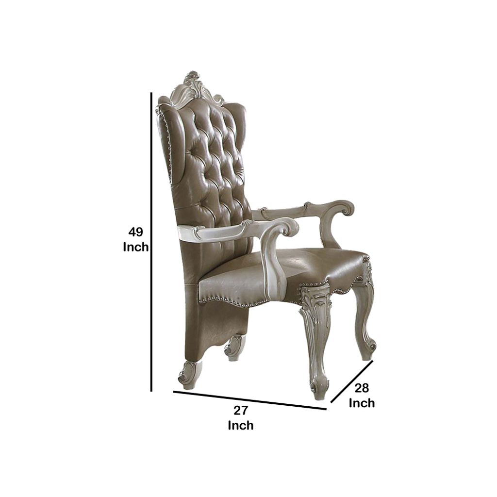 Faux Leather Upholstered Wooden Arm Chairs, Set of Two, White and Gray - View 5