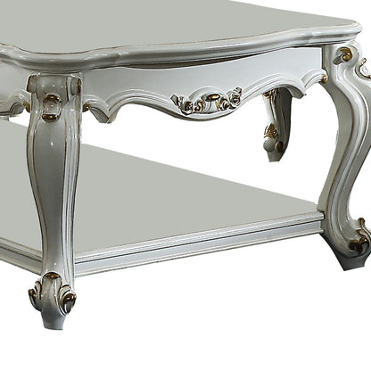Traditional Style Wooden Coffee Table with Polyresin Carvings and Bottom Shelf, White - View 3