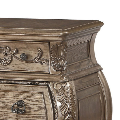 Nightstand, 3 Drawers with Antique Handles, Scrolled Legs, Vintage Oak Brown - View 3