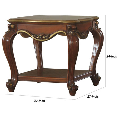 Wooden End Table with Open Bottom Shelf and Carved Details, Brown - View 5