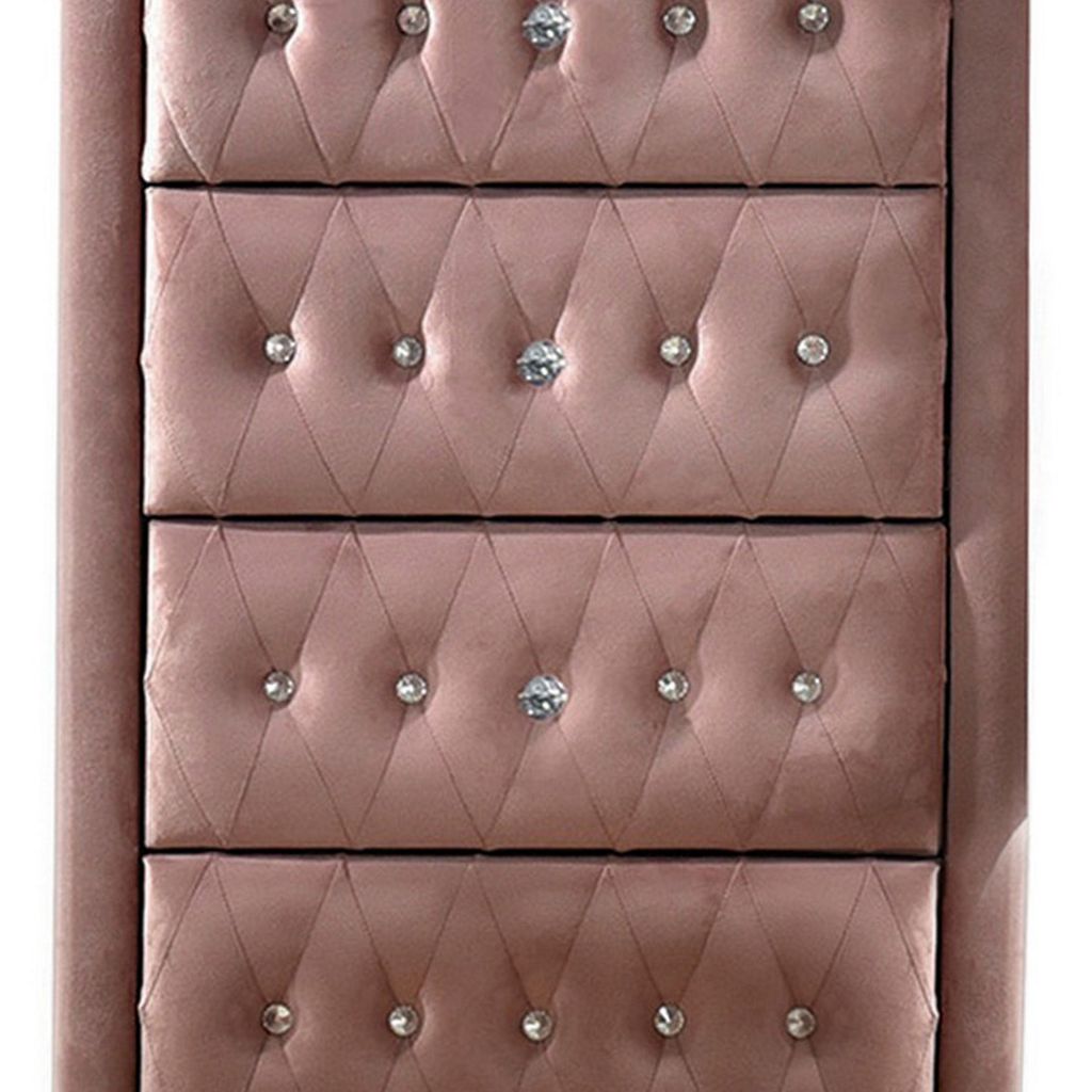 Rex 38 Inch Tall Upholstered Dresser Chest, 4 Drawer, Crystal Handles, Pink - View 2