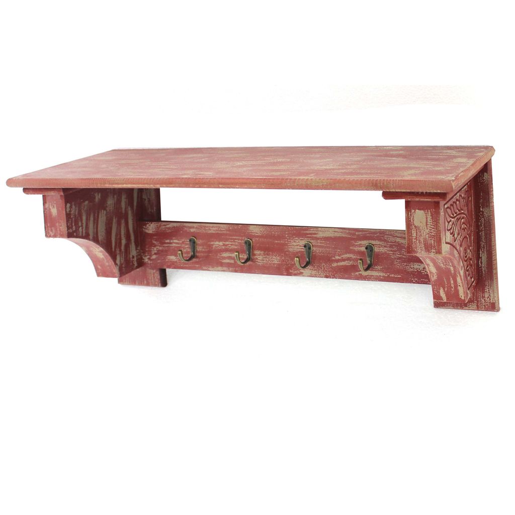 Wooden Wall Shelf Set of 2 with 4 Hooks and Carved Side Frames, Distressed Red