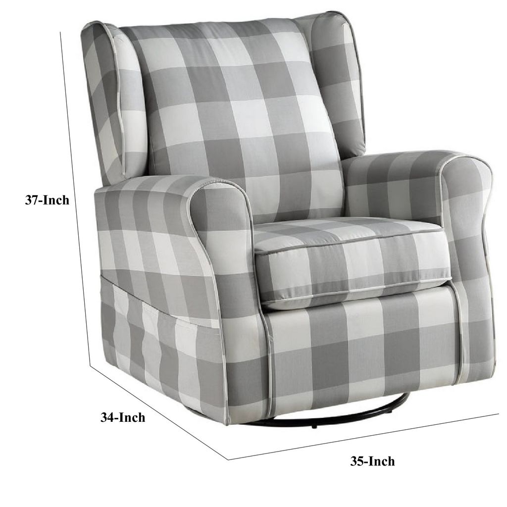 35 Inch Accent Swivel Chair, Glider, Checkered Fabric, Light Gray - View 5
