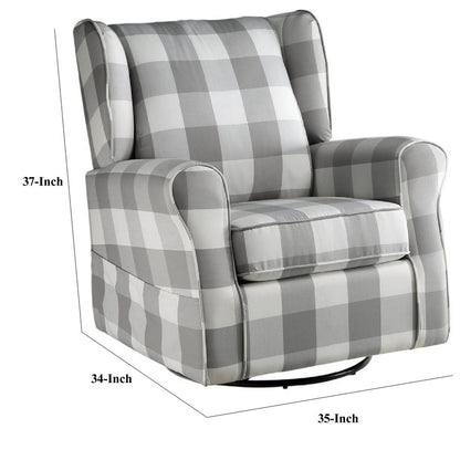 35 Inch Accent Swivel Chair, Glider, Checkered Fabric, Light Gray - View 5
