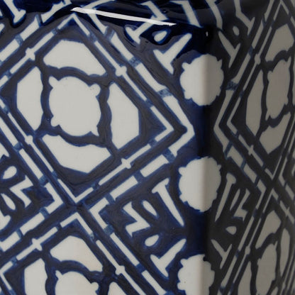 10 Inch Lidded Jar, Porcelain Construction, Deep Blue Graphic Trellis - View 2