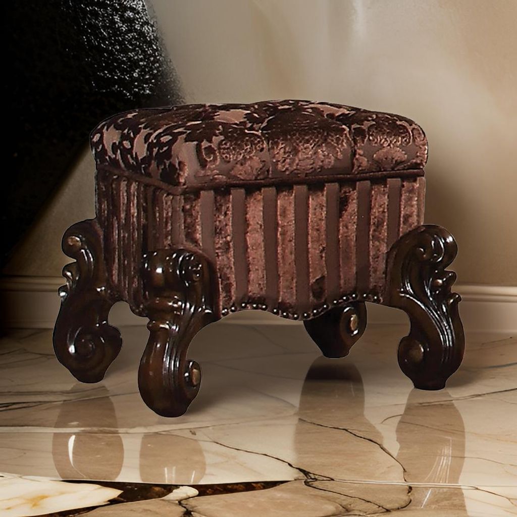 Tufted Fabric Upholstered Wooden Vanity Stool with Scrolled Legs, Cherry Oak brown - View 7