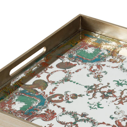 Miki 20 Inch Square Decorative Tray, Artisan Mirrored Damask Pattern, Gold - View 3
