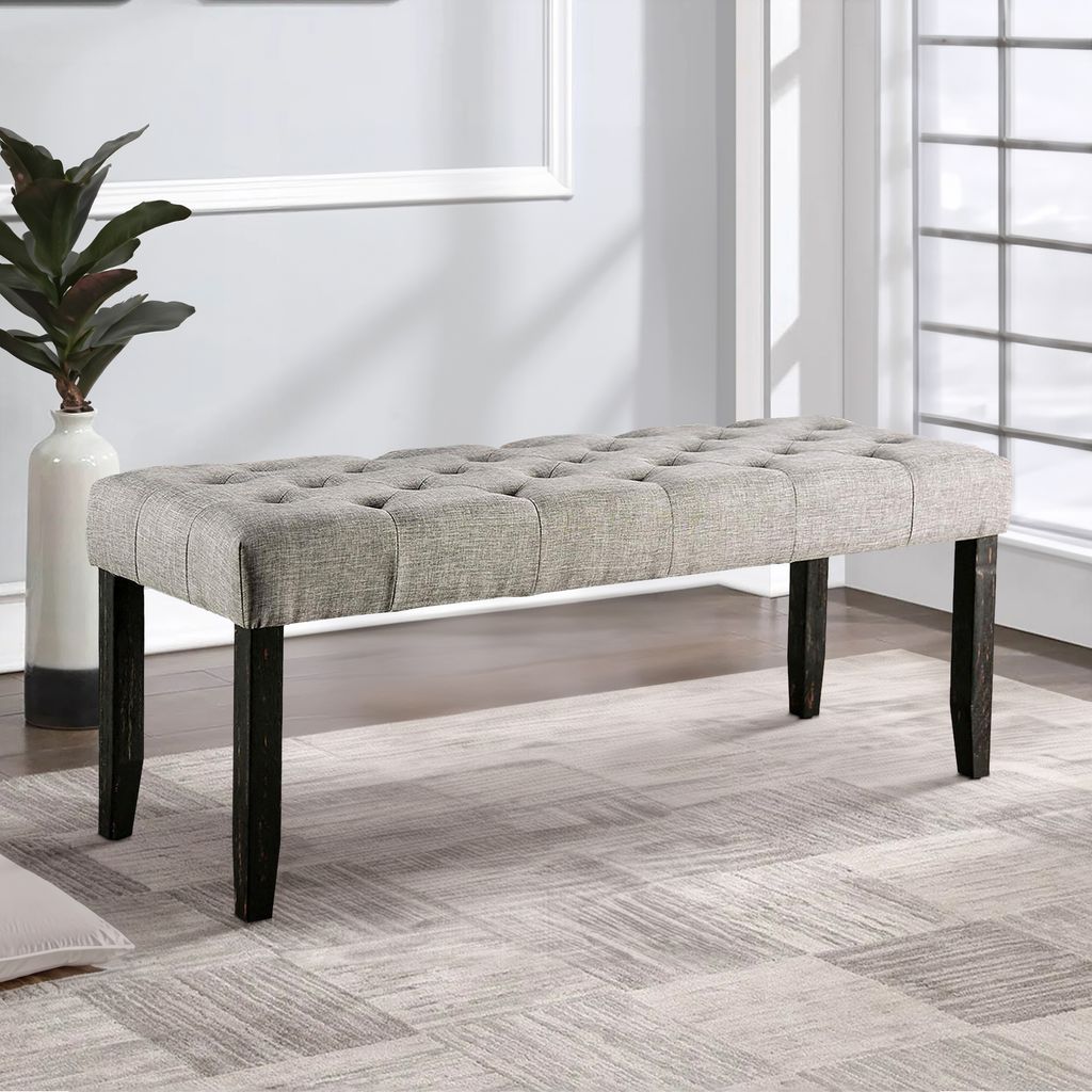 48 Inches Bench with Tufted Seat and Chamfered Legs, Light Gray - View 7