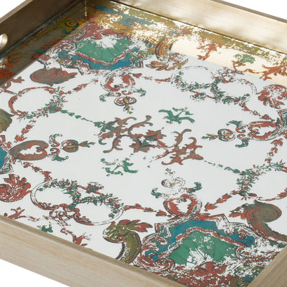 Miki 20 Inch Square Decorative Tray, Artisan Mirrored Damask Pattern, Gold - View 2