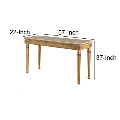 Marble Top Sofa Table With Fluted Detail Wooden Turned Legs, Gold - View 6