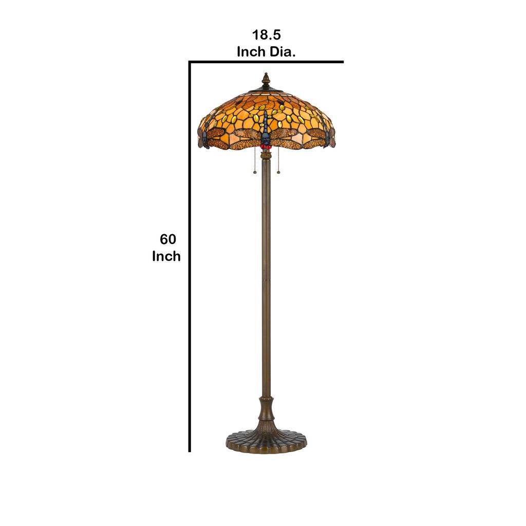 2 Bulb Tiffany Floor Lamp with Dragonfly Design Shade, Multicolor - View 6