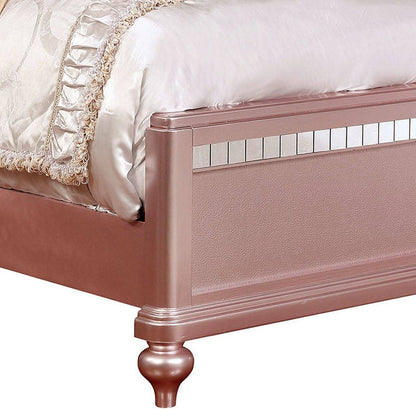 Full Size Wooden Bed With Mirror Trim Details and Camelback Headboard, Pink - View 2