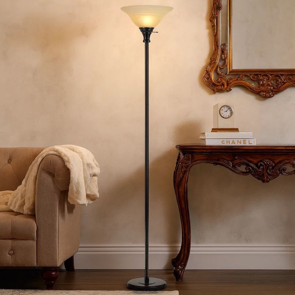 Metal Round 3 Way Torchiere Lamp with Frosted Shade, Dark Bronze and Gold - View 7