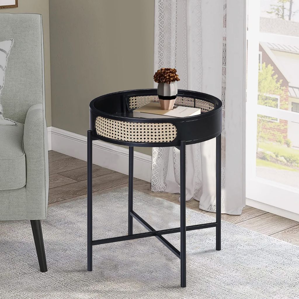 Bert 24 Inch Round End Table, Rattan Apron Accent, Metal Legs, Black - View 7