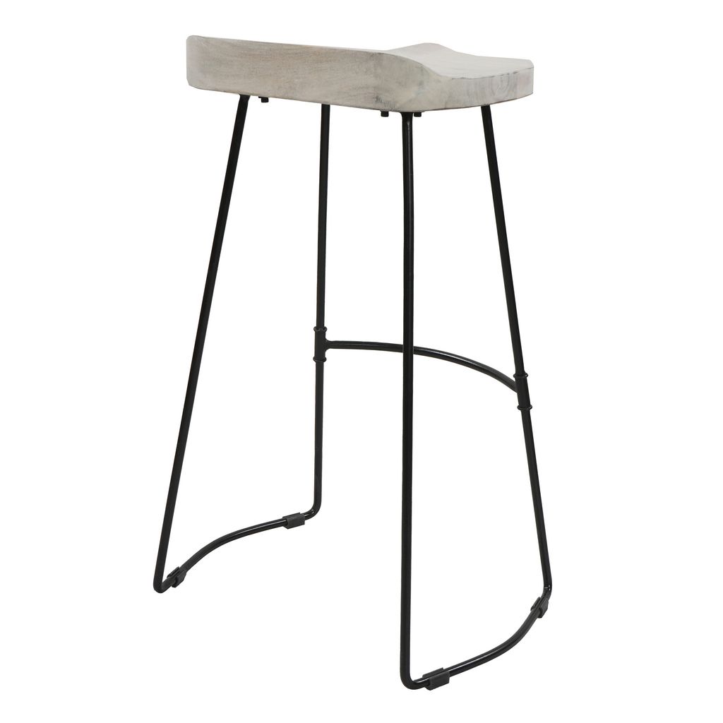 Tiva 30 Inch Handcrafted Backless Barstool, Whitewashed Mango Wood Saddle Seat, Black Metal Base - View 3