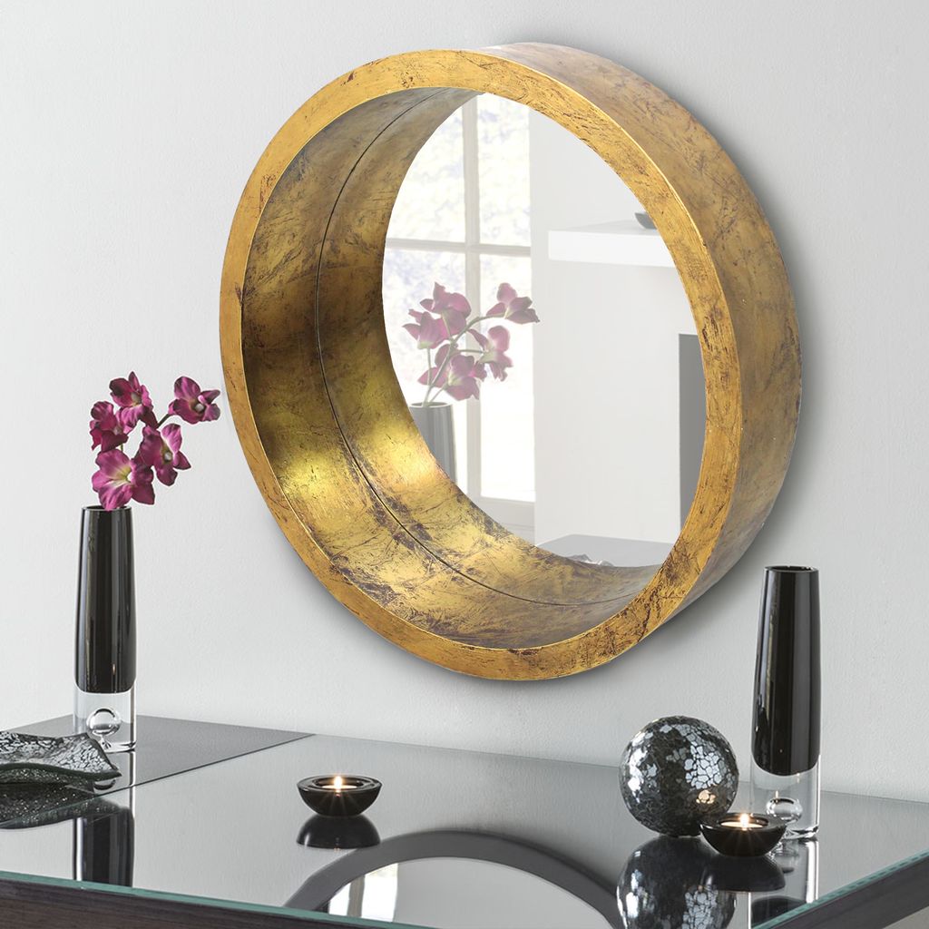 Rustic Style Wall Mirror with Round Tray Shape Frame, Gold and Silver - View 6
