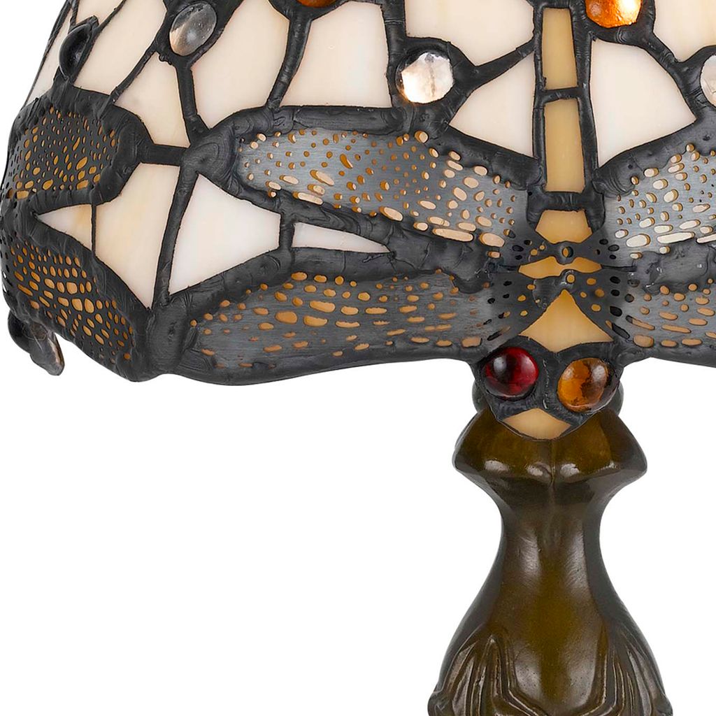 Metal Body Tiffany Table Lamp with Dragonfly Design Shade, Multicolor - View 2