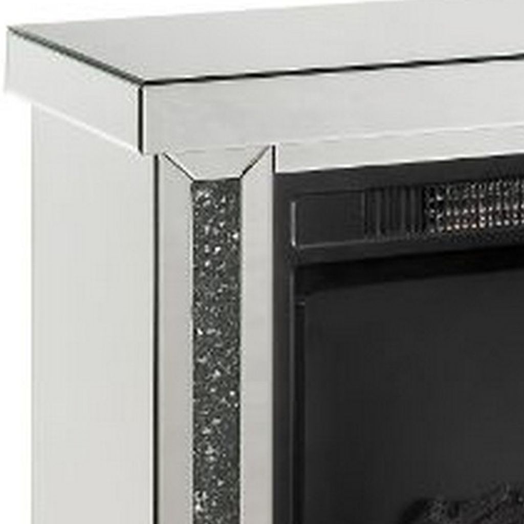Electric Fireplace with Mirror Panel Framing and Faux Diamonds, Silver - View 4